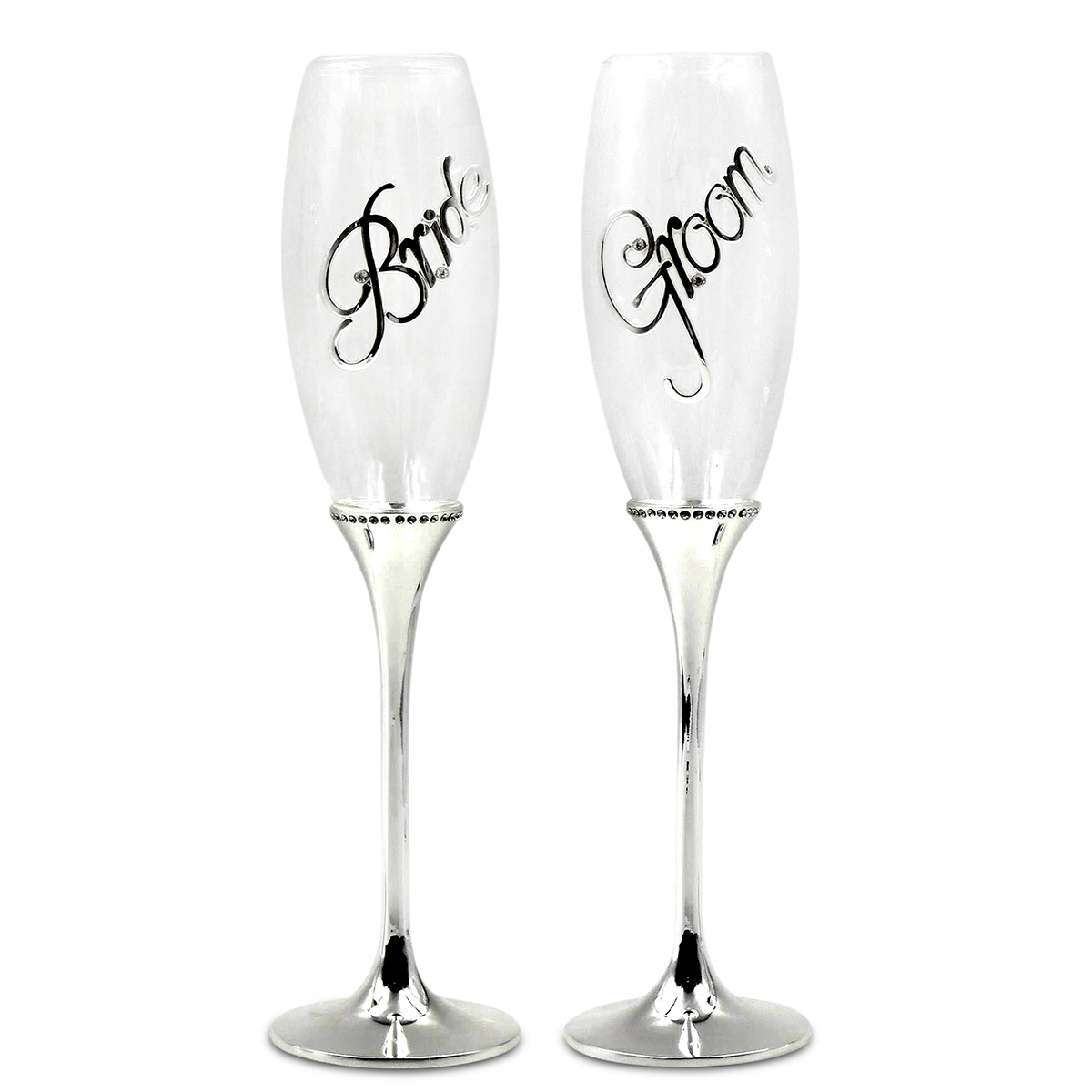 Bride&Groom简约香槟杯带钻双个套装